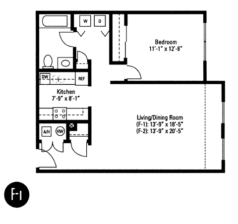 1 Bedroom 1 Bath Style F1 2D Floorplan, Crawford Square Apartments, Pittsburgh, PA